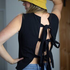 NWT Black Open Back Tie Sleeveless Tank | Cotton Linen | Backless Top | Small